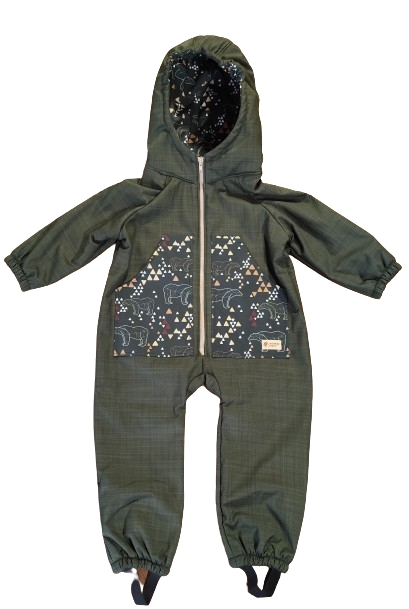Monkey Mum® Kinder-Winter-Softshelloverall mit Lammfellfutter - Khakifarbener Jäger mit Bär - Gr. 98/104, 110/116