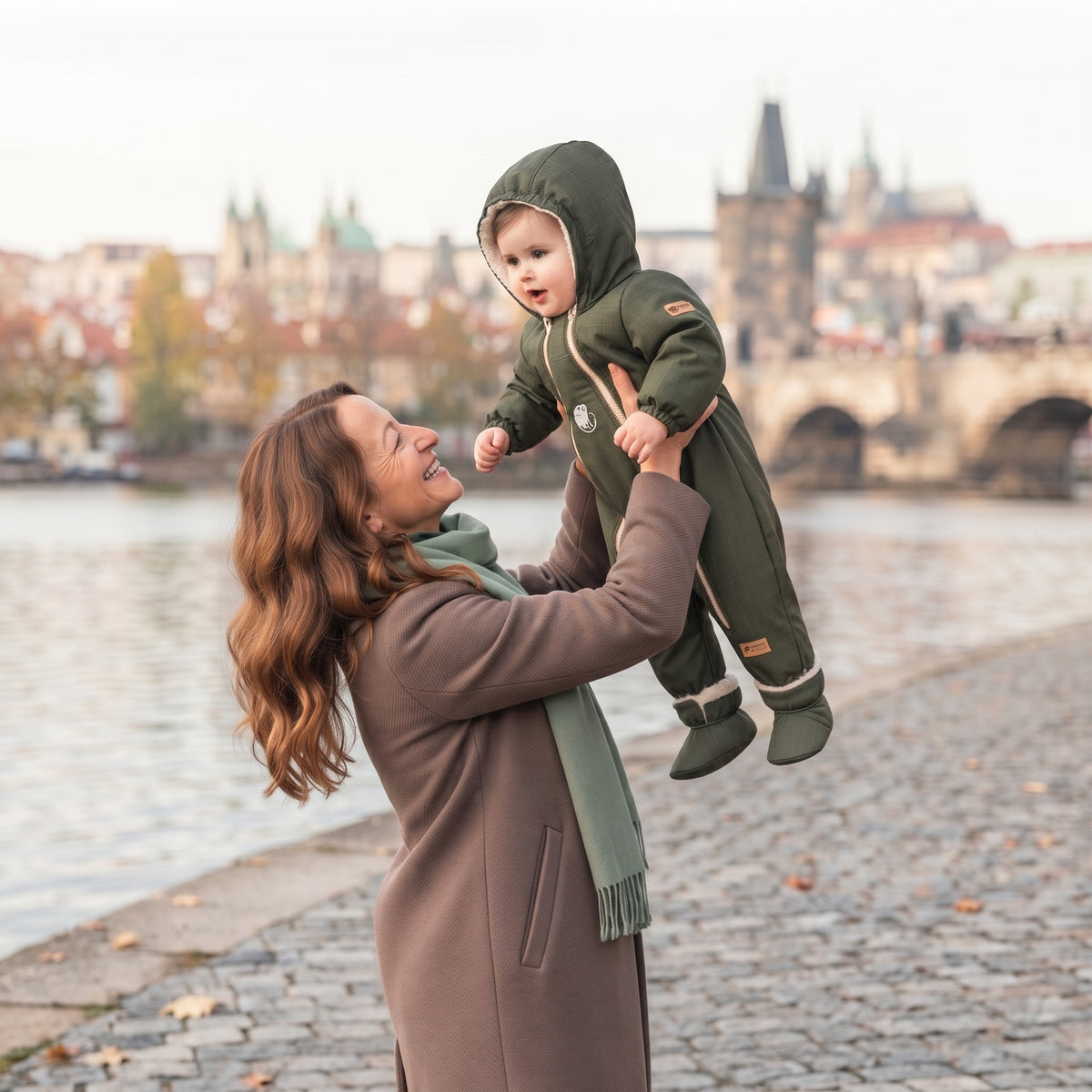 Monkey Mum® Kinder-Winter-Softshell-Overall mit Teddyfutter - Khaki-Jäger - Gr. 62/68, 74/80