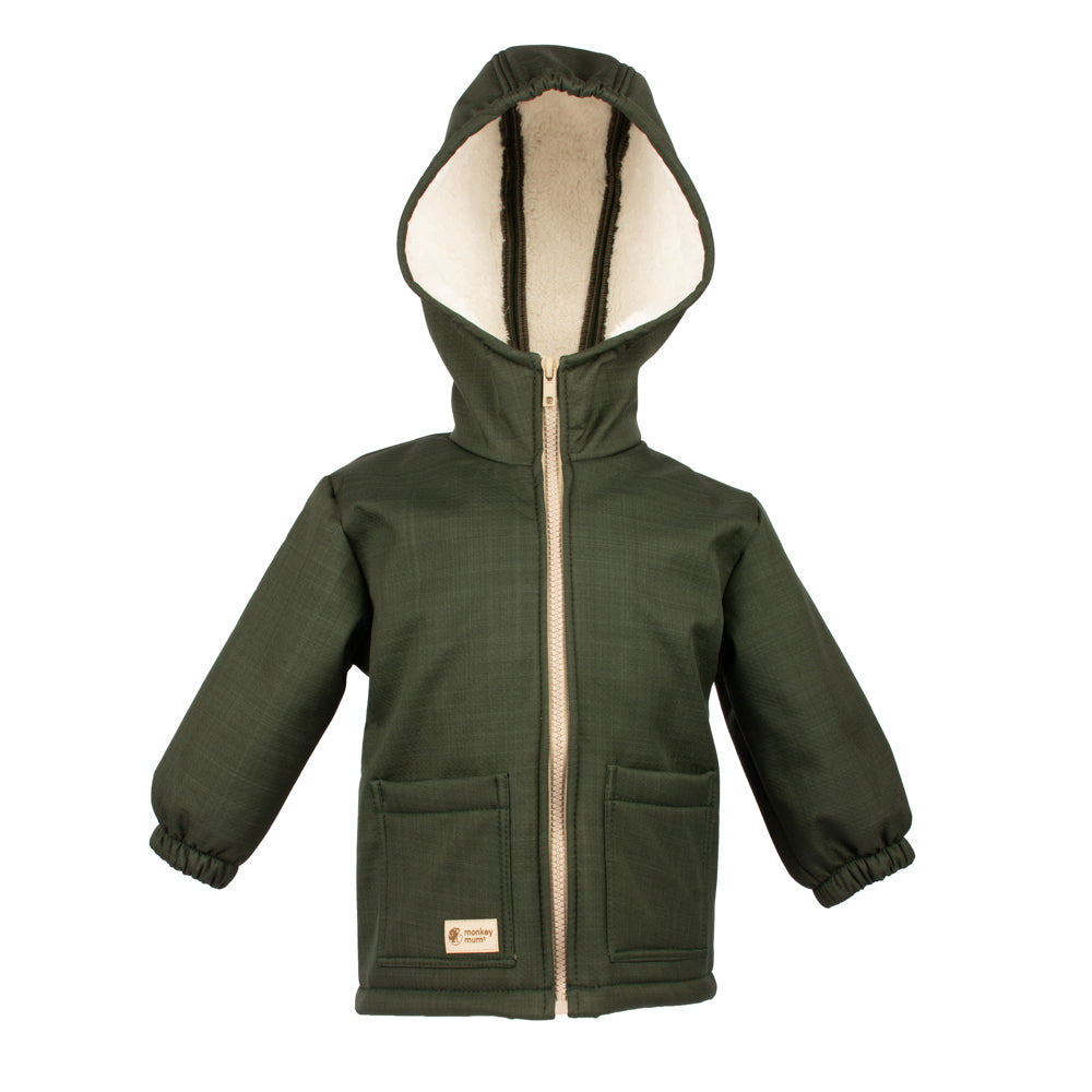 Kinder-Winter-Softshelljacke mit Teddyfutter Monkey Mum® - Khaki-Jäger