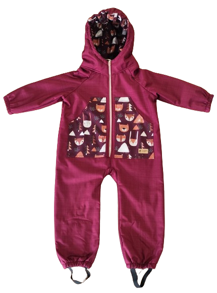 Monkey Mum® Kinder-Winter-Softshelloverall mit Lammfellfutter - Bordeaux-Rotkäppchen im Wald - Gr. 98/104, 110/116