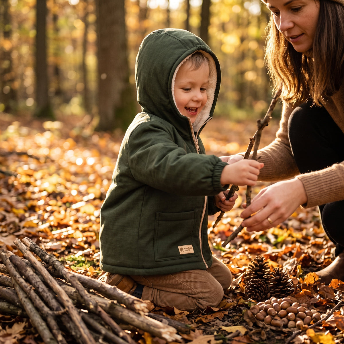 Kinder-Winter-Softshelljacke mit Teddyfutter Monkey Mum® - Khaki-Jäger