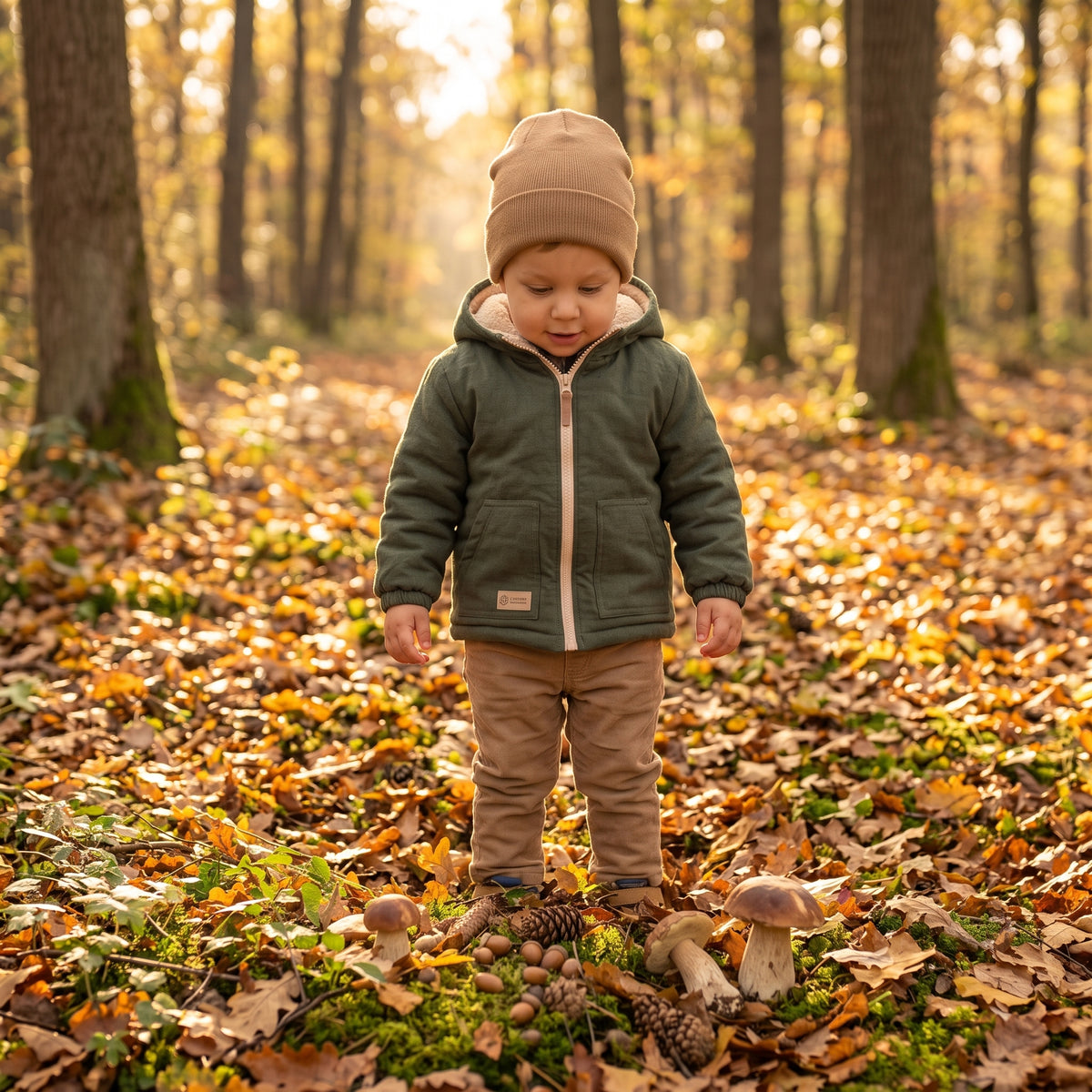 Kinder-Winter-Softshelljacke mit Teddyfutter Monkey Mum® - Khaki-Jäger