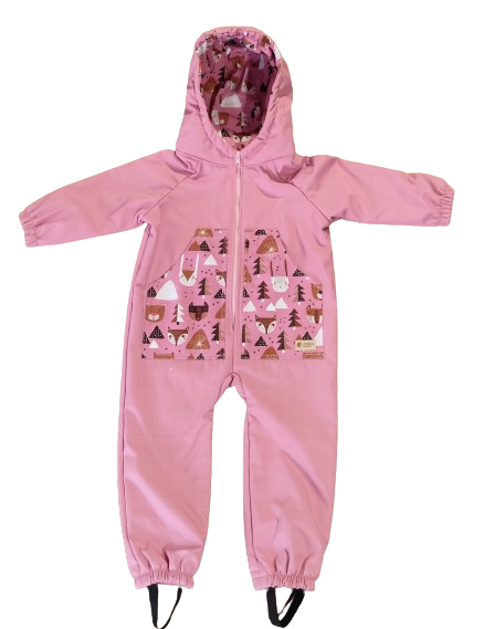 Monkey Mum® Kinder-Winter-Softshelloverall mit Lammfellfutter - Rosa Schäfchen im Wald - Gr. 98/104, 110/116