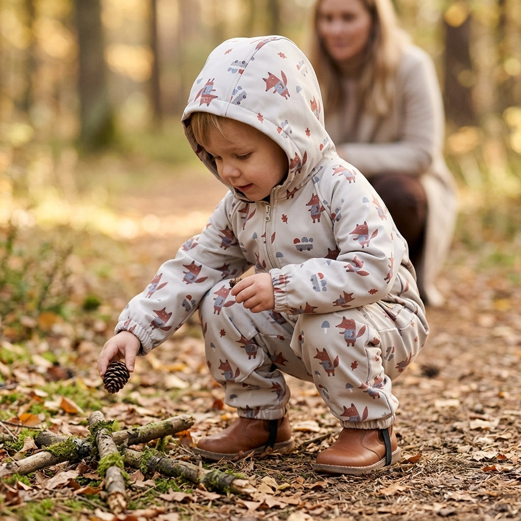 Monkey Mum® Softshell-Overall mit Membran – Füchse auf Pilzsuche - Gr. 98/104, 110/116