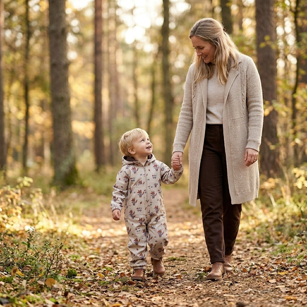 Monkey Mum® Softshell-Overall mit Membran – Füchse auf Pilzsuche - Gr. 98/104, 110/116