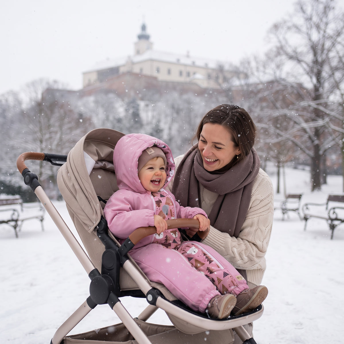 Monkey Mum® Kinder-Winter-Softshelloverall mit Lammfellfutter - Rosa Schäfchen im Wald - Gr. 62/68, 74/80