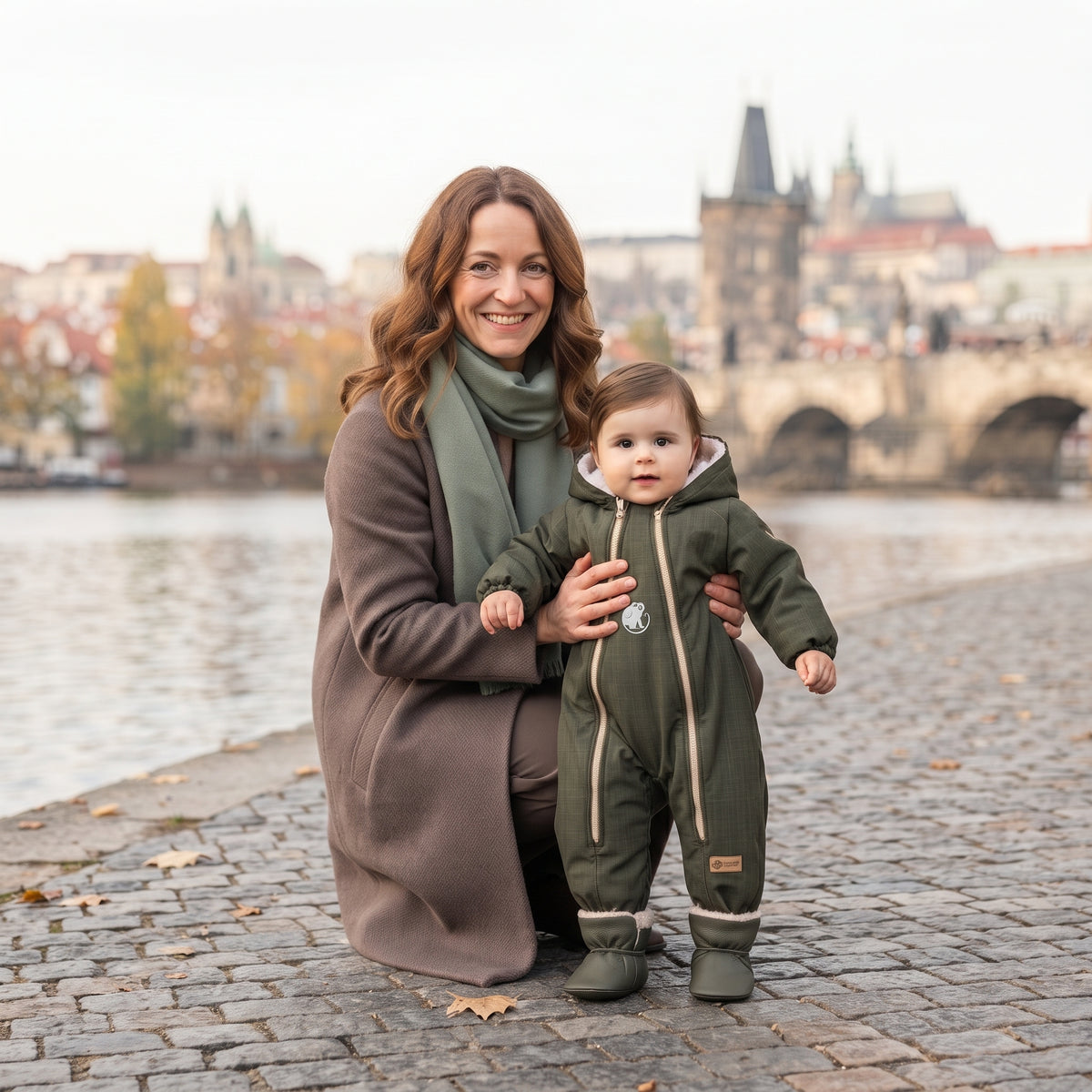 Monkey Mum® Kinder-Winter-Softshell-Overall mit Teddyfutter - Khaki-Jäger - Gr. 62/68, 74/80