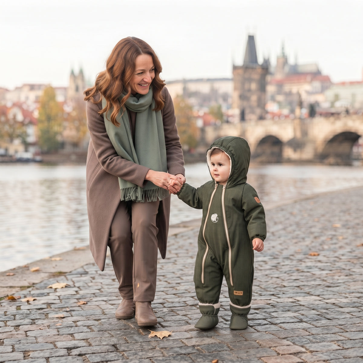 Monkey Mum® Kinder-Winter-Softshell-Overall mit Teddyfutter - Khaki-Jäger - Gr. 62/68, 74/80