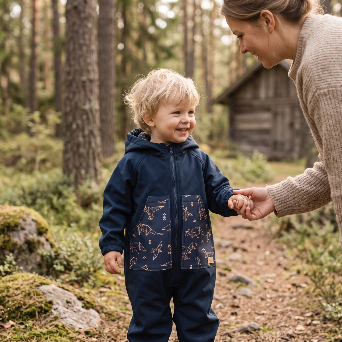 Monkey Mum® Softshell-Overall mit Membran – Dinosaurierhimmel - Gr. 98/104, 110/116