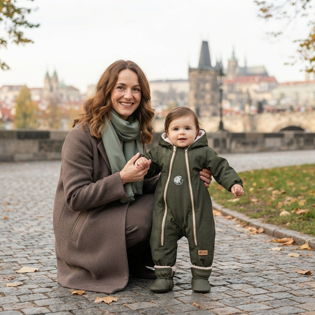 Monkey Mum® Kinder-Winter-Softshell-Overall mit Teddyfutter - Khaki-Jäger - Gr. 62/68, 74/80