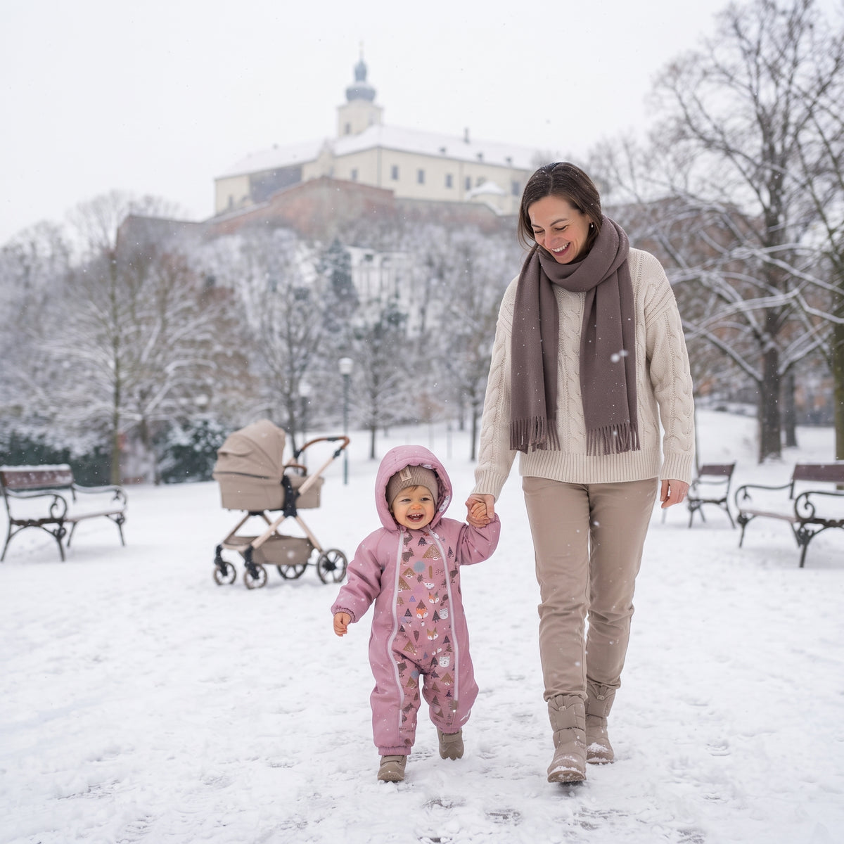 Monkey Mum® Kinder-Winter-Softshelloverall mit Lammfellfutter - Rosa Schäfchen im Wald - Gr. 62/68, 74/80