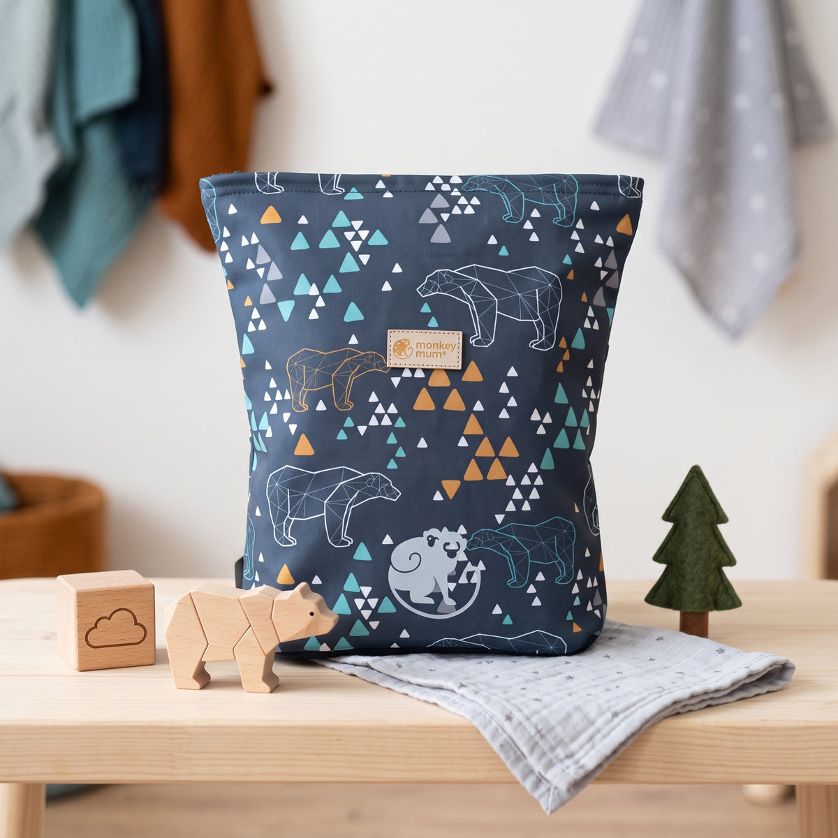 Kinder-Softshell-Rucksack Monkey Mum® - Origami-Bär - Dunkelblau