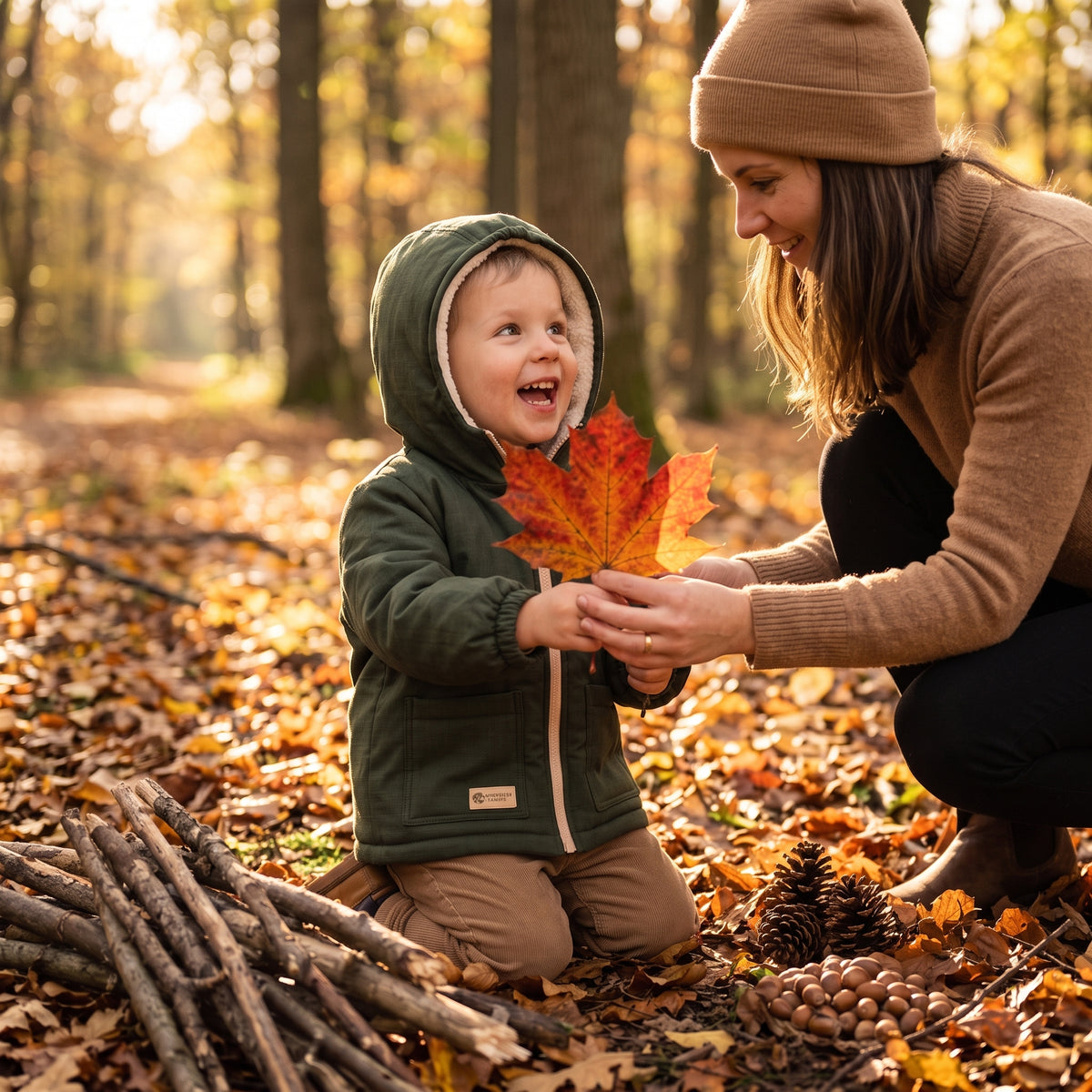 Kinder-Winter-Softshelljacke mit Teddyfutter Monkey Mum® - Khaki-Jäger