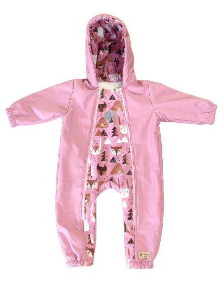 Monkey Mum® Kinder-Winter-Softshelloverall mit Lammfellfutter - Rosa Schäfchen im Wald - Gr. 62/68, 74/80